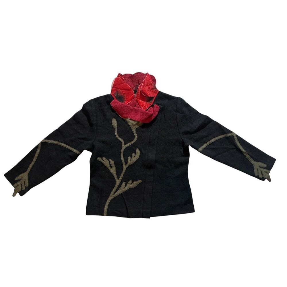 CoVelo Womens Sz Medium 100% Wool Poppy Collared Floral Art Deco Full Zip Jacket